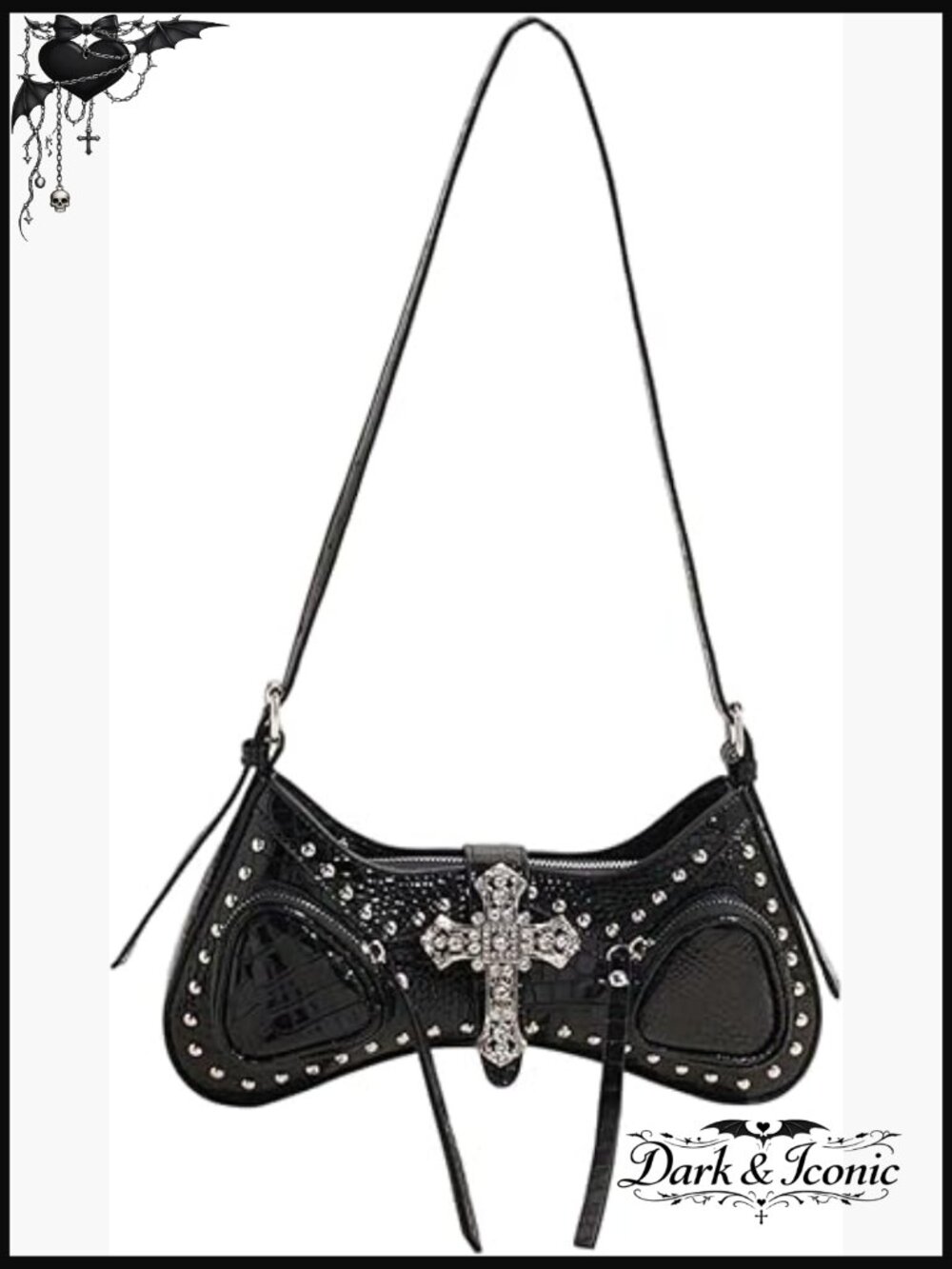 Y2k Studded Cross Shoulder Handbag Punk Top Handle Crescent Underarm Purse
